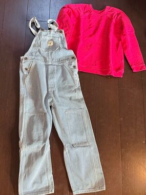 Hey Gang Railroad Stripe Double Knee Overalls Red Cotton Crewneck Sweatshirt